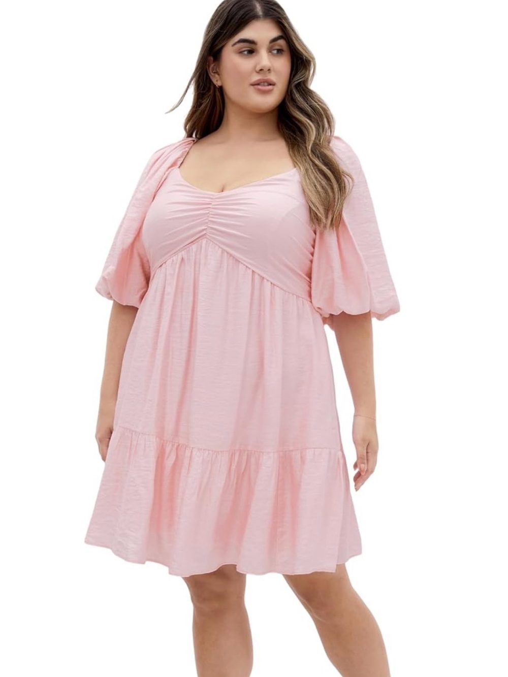 City Chic Pastel Pink Puff-Sleeve Tiered Mini Dress